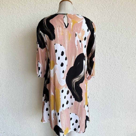 The Odells Rose/Peach Black Long Sleeve Abstract/Geometric A Line Dress S - Picture 3 of 15